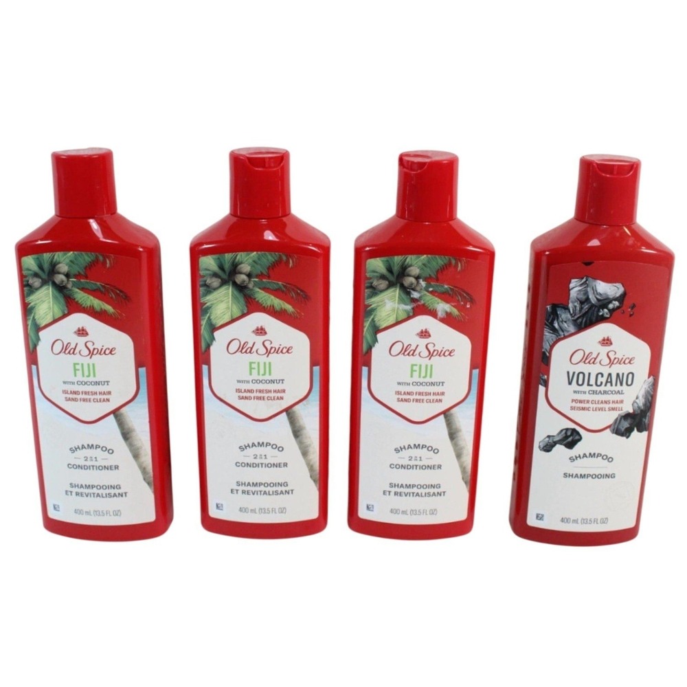 Old Spice Shampoo Lot 4 Fiji Coconut 2-in-1 & Volcano Charcoal 13.5oz Bottles